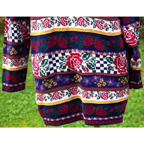 Vintage 80s Heartworks Sweater Striped Roses Checkered Long Size Medium Preppy - Picture 4 of 11